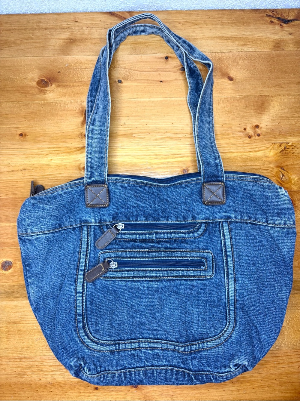 Vintage 90s Y2K Blue Denim Multi Pocket Tote Bag Medium Wash Zip Shoulder Bag